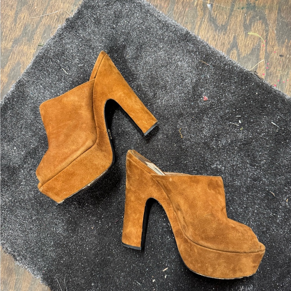 Prada Rust Brown Suede Platform Mules
